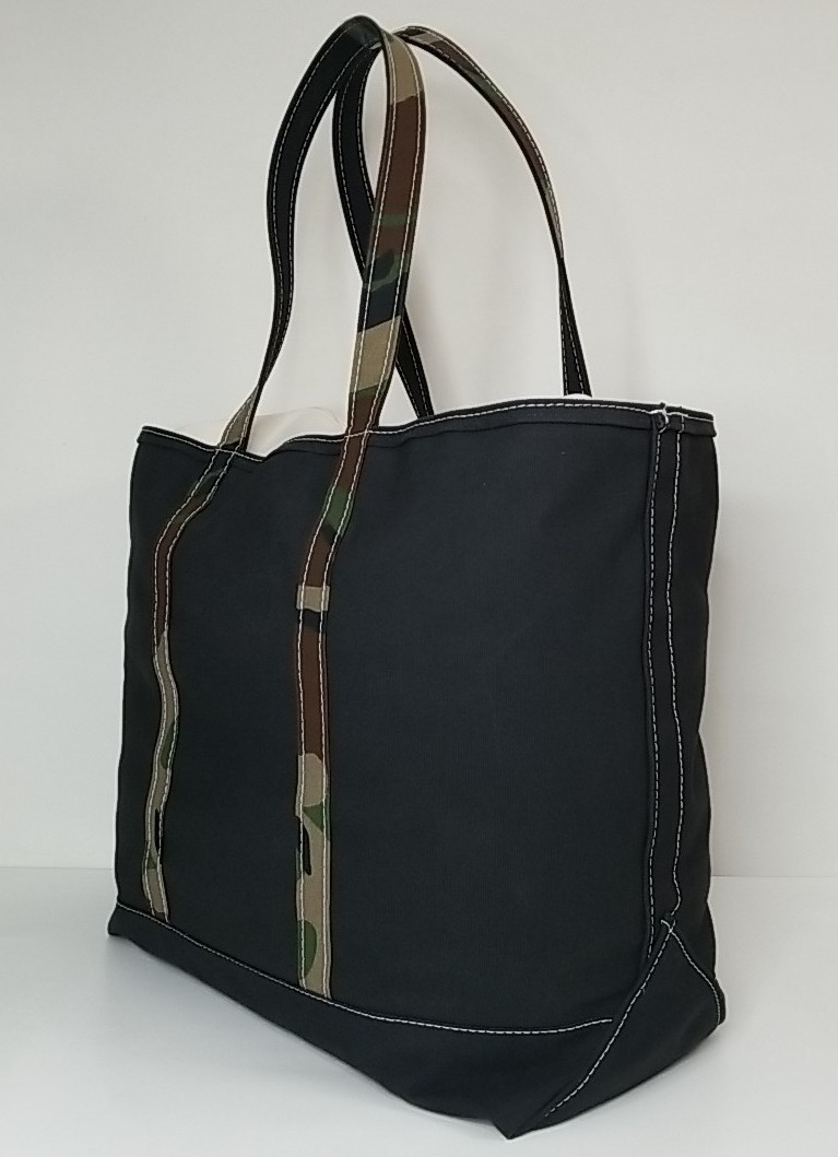 LL Bean Boat and Tote XL Black Canvas Camo Long Handles Custom Tote Bag Zip Top