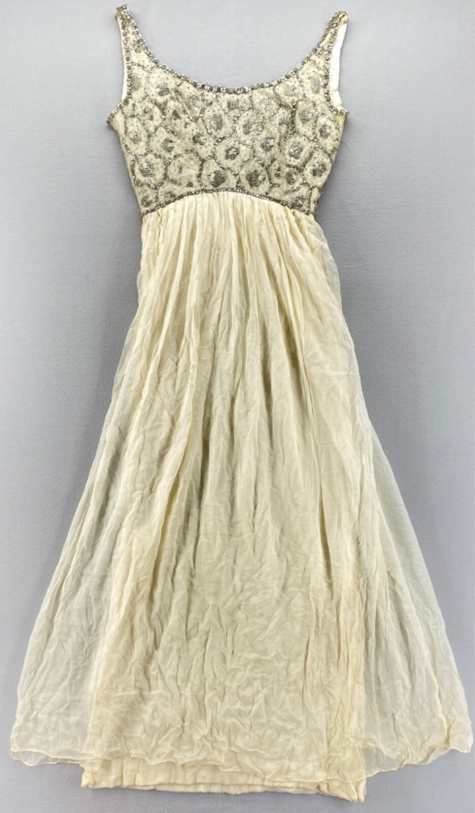 Vintage 1960’s Malcolm Starr Beaded Ivory-Crème Silk Dress Union Made (621 12)