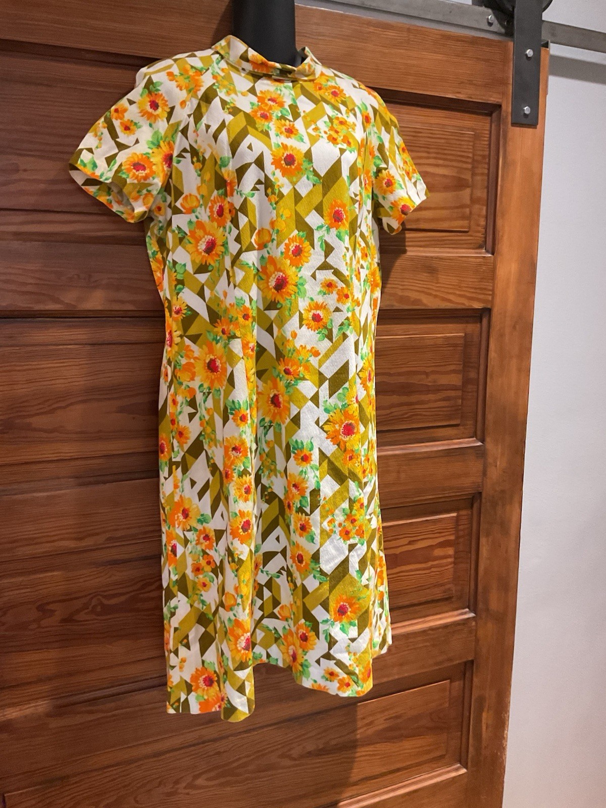 Vintage Floral Barkcloth Yellow Orange Green Dress Bust 40” 12 14
