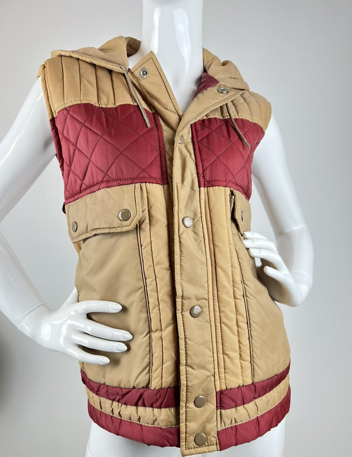 VTG 80s NORTH STAR Quilted Nylon Hooded Vest Womens Sz L Burgundy & Tan Gorpcore