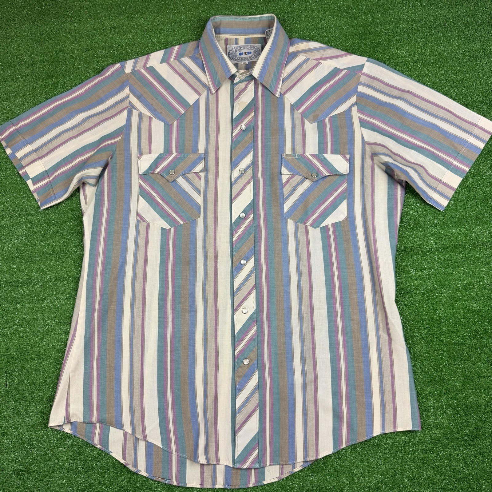 Vintage 80s Authentic Western Wear Mens Shirt Size 16.5 Pearl Snap S/S *Stained*