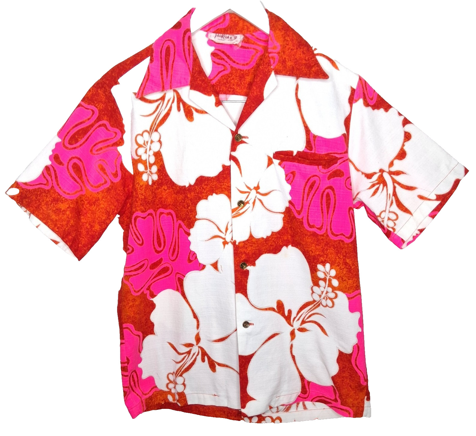 Vintage Po’okela Hawaiian Shirt 60s Neon Orange Pink Barkcloth Tiki Aloha Vibes