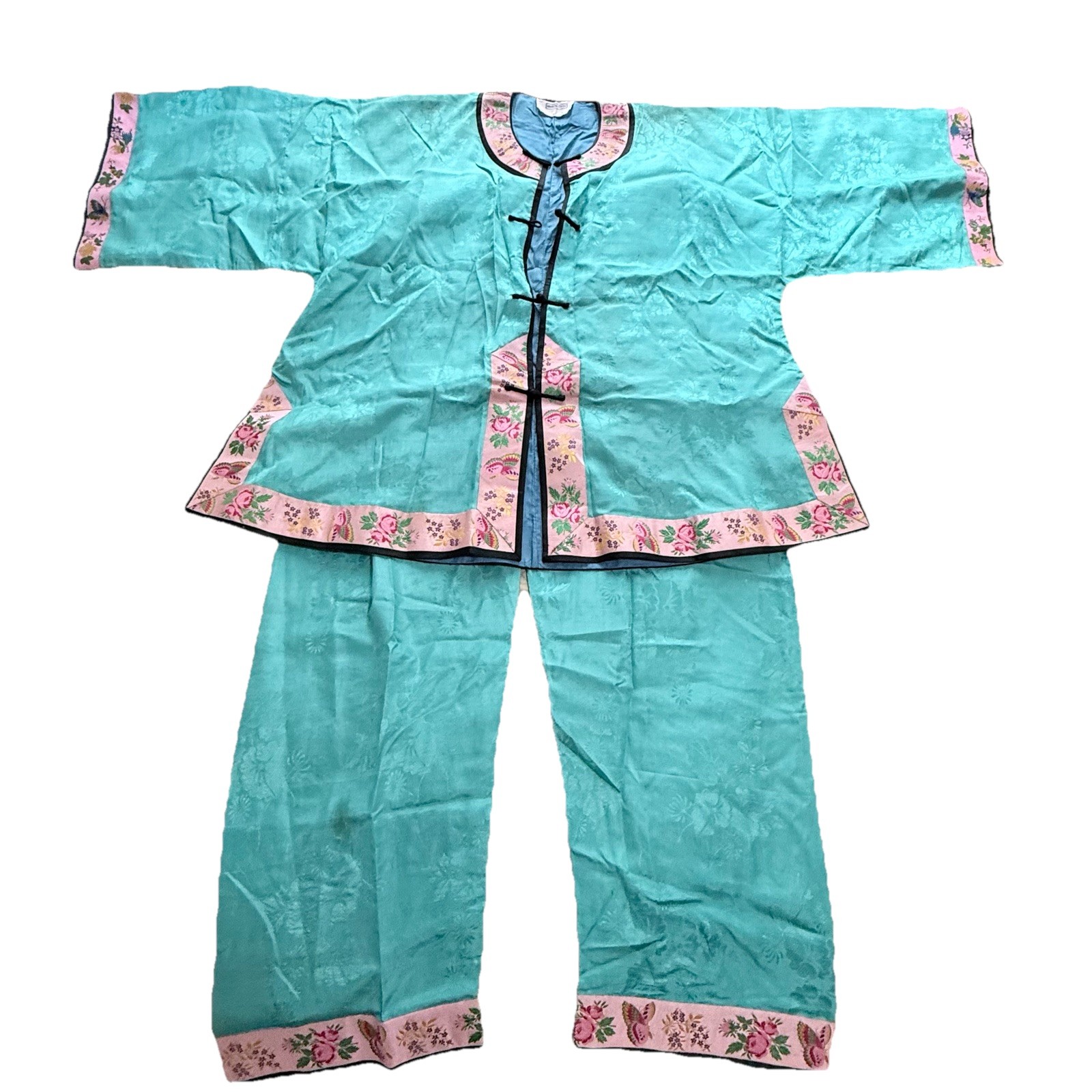 VINTAGE 1930s Chinese Silk Hostess Pajama Set Brocade Teal Blue Butterfly Trim