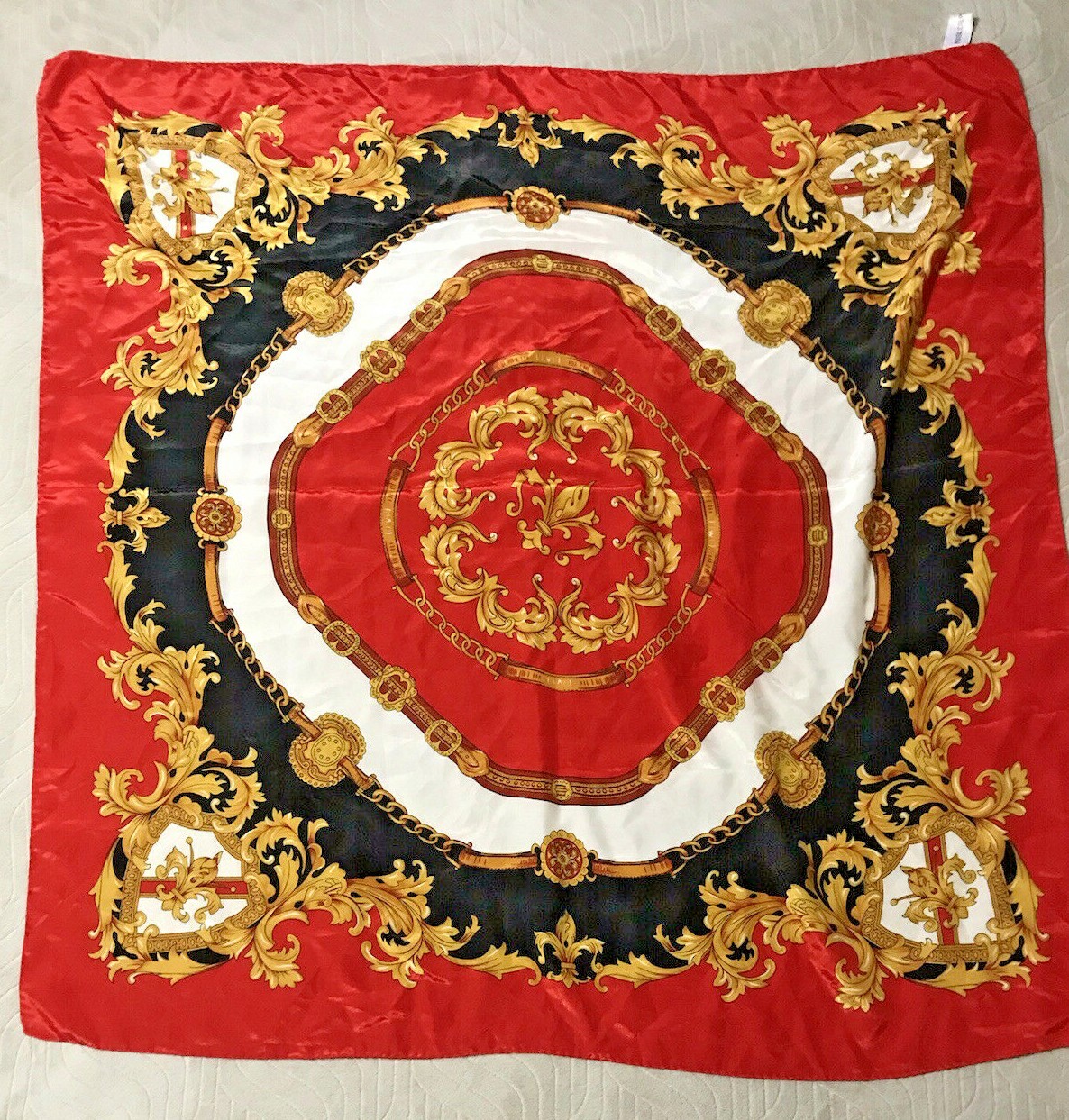 Vintage Womens Scarf Polisil Crepe Red White Black Filigree Medallion 35″x 34.5″