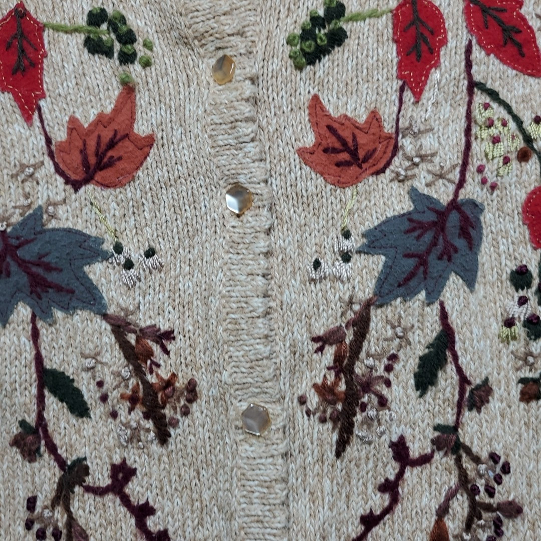 Heirloom Collectibles Small Cardigan Sweater Tan Embroidery Of Fall Leaves Raime