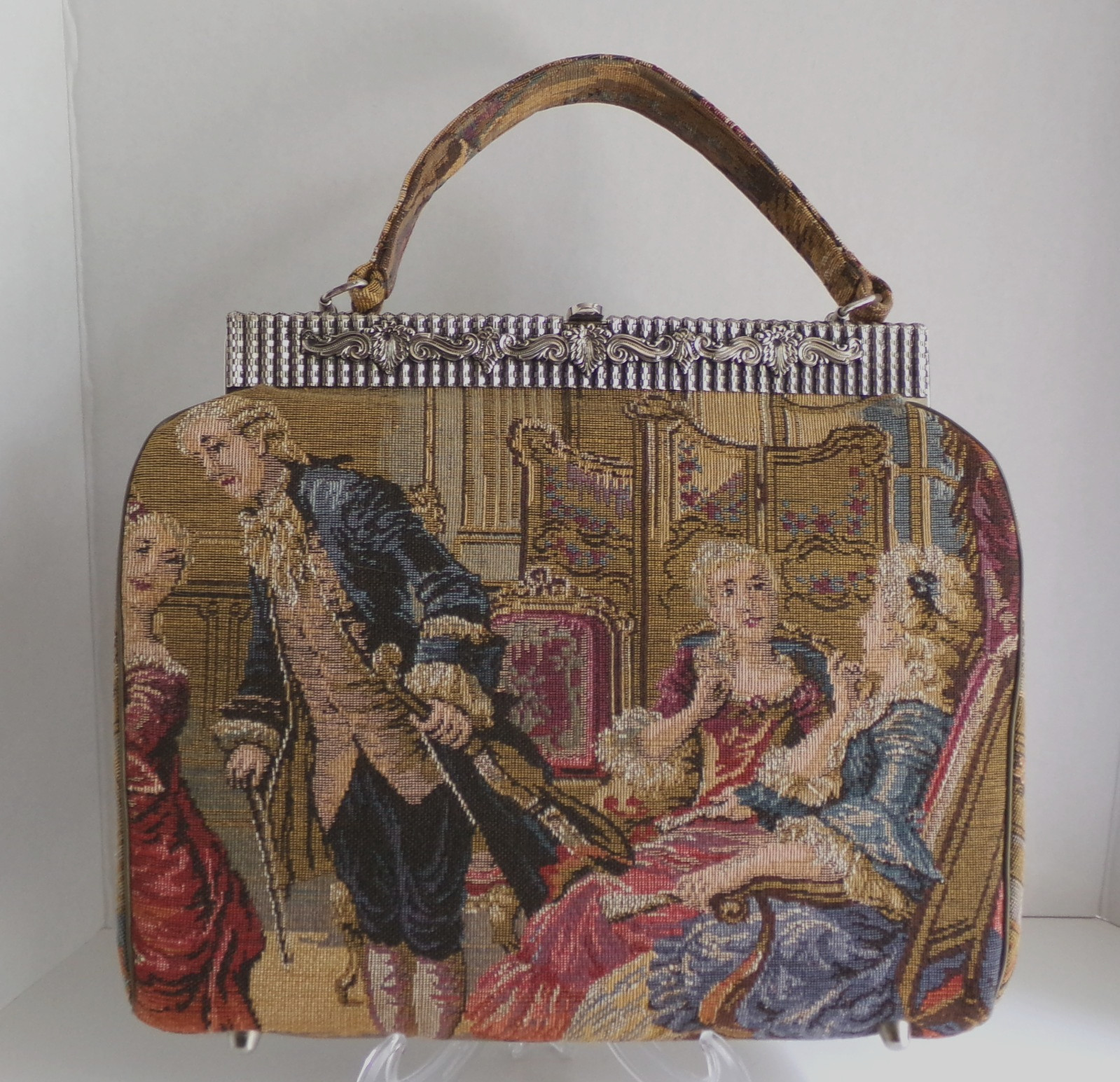 Vtg 1960s Stylecraft Miami Rare Rococo Court Scene Tapestry Frame Handbag Marked