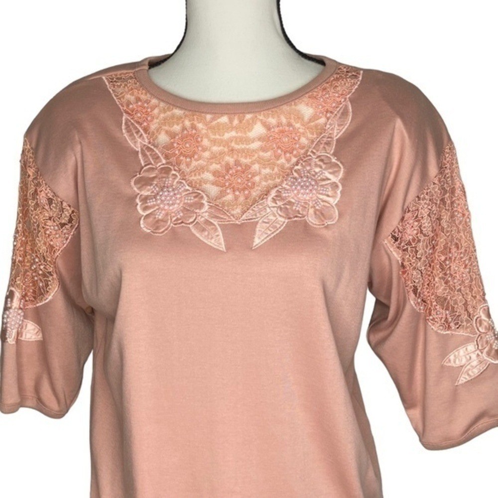 Vintage Recent Works Top Blush Pink Lace Bead Floral Appliqué Half Sleeve Top