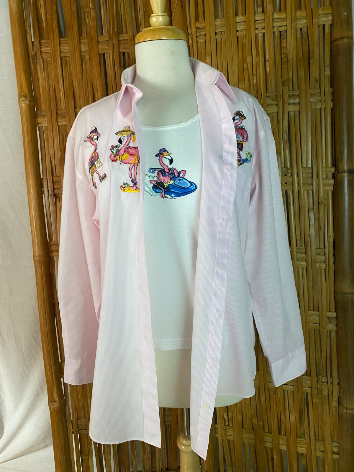 VTG 70s 2 pc Set Pastel Pink Blouse White Tank-Top Partying Flamingo Applique M