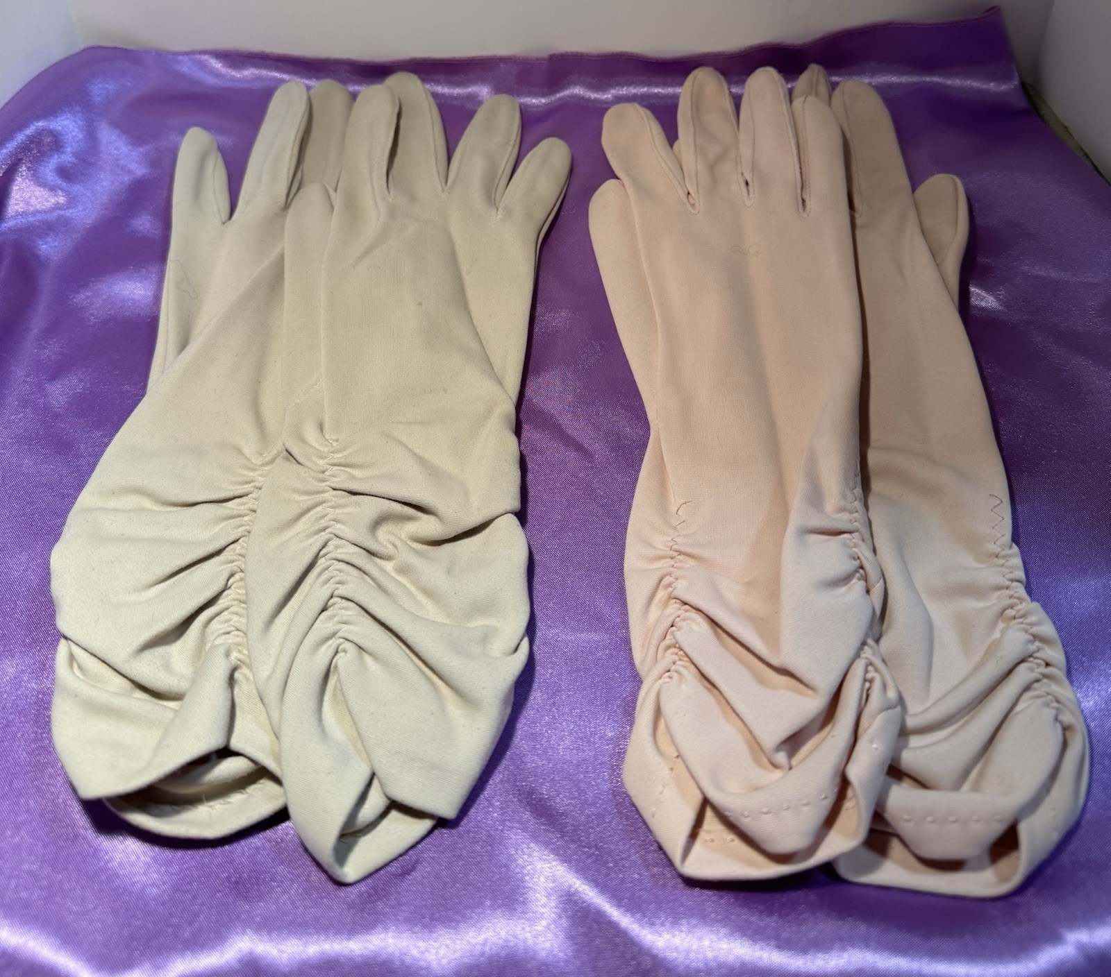 VTG 2 Pairs 1940s-1960s Opera Cinched Gloves, Colors Peach & Beige, Soft Nylon
