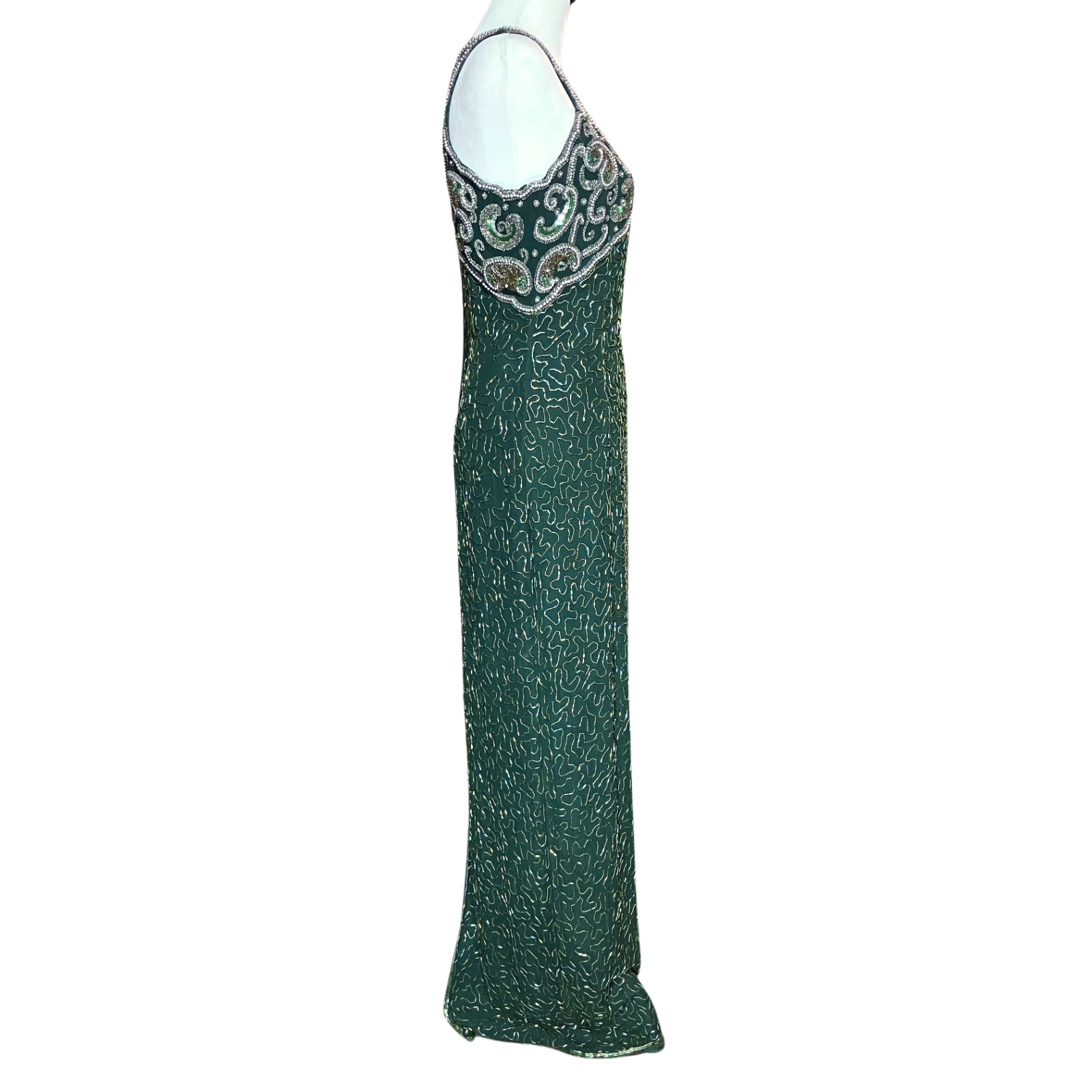 Vintage 90s 100% Silk Green Beaded Prom Dress S/M Golden Age Hollywood Glamour