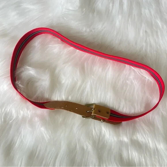 Vintage Stretch Belt Elastic Fabric & Leather Striped Red / Navy Blue Size 12