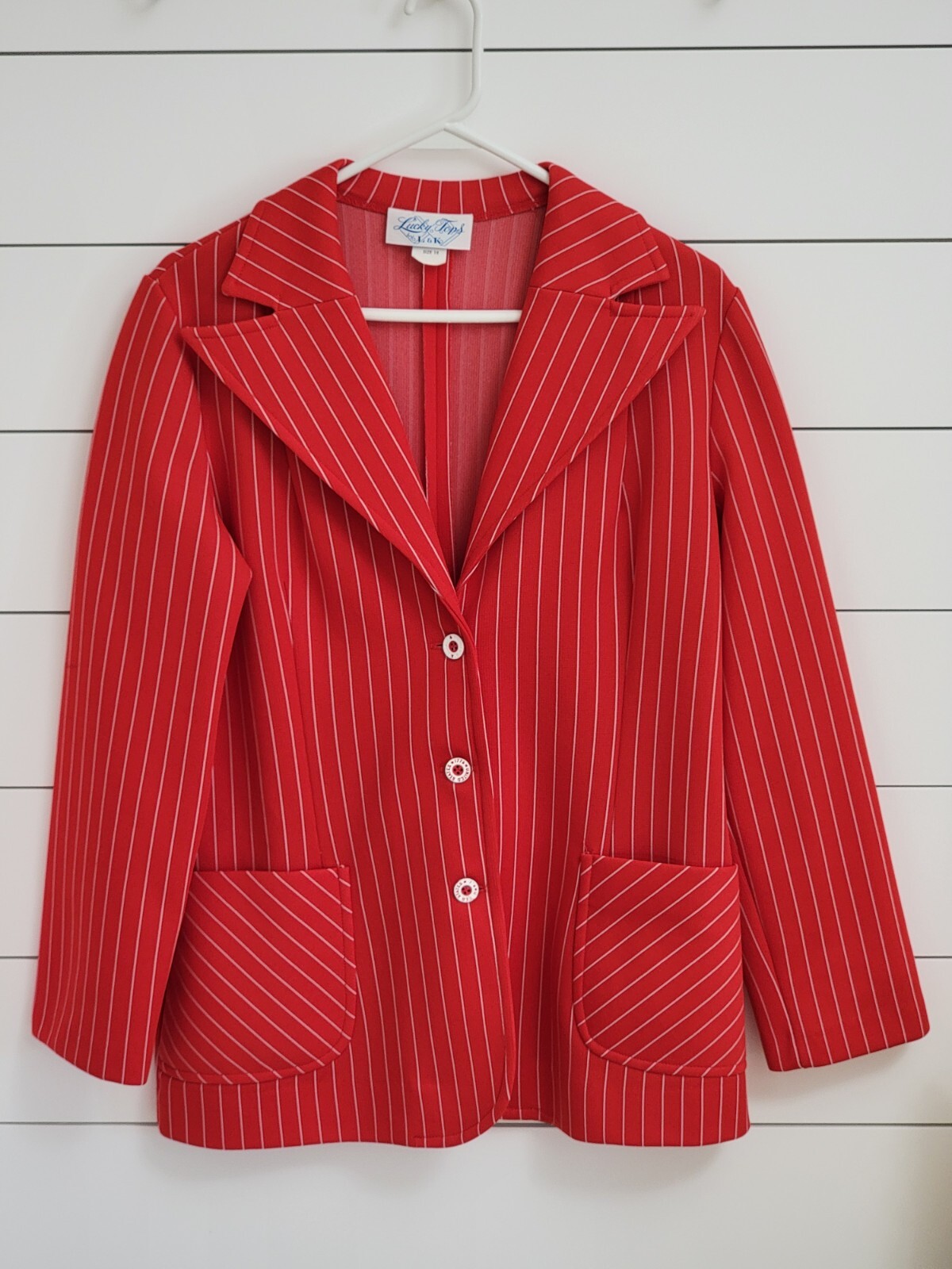 Vintage 1970s Womens Blazer Red Pinstripes “LUCKY TOPS”