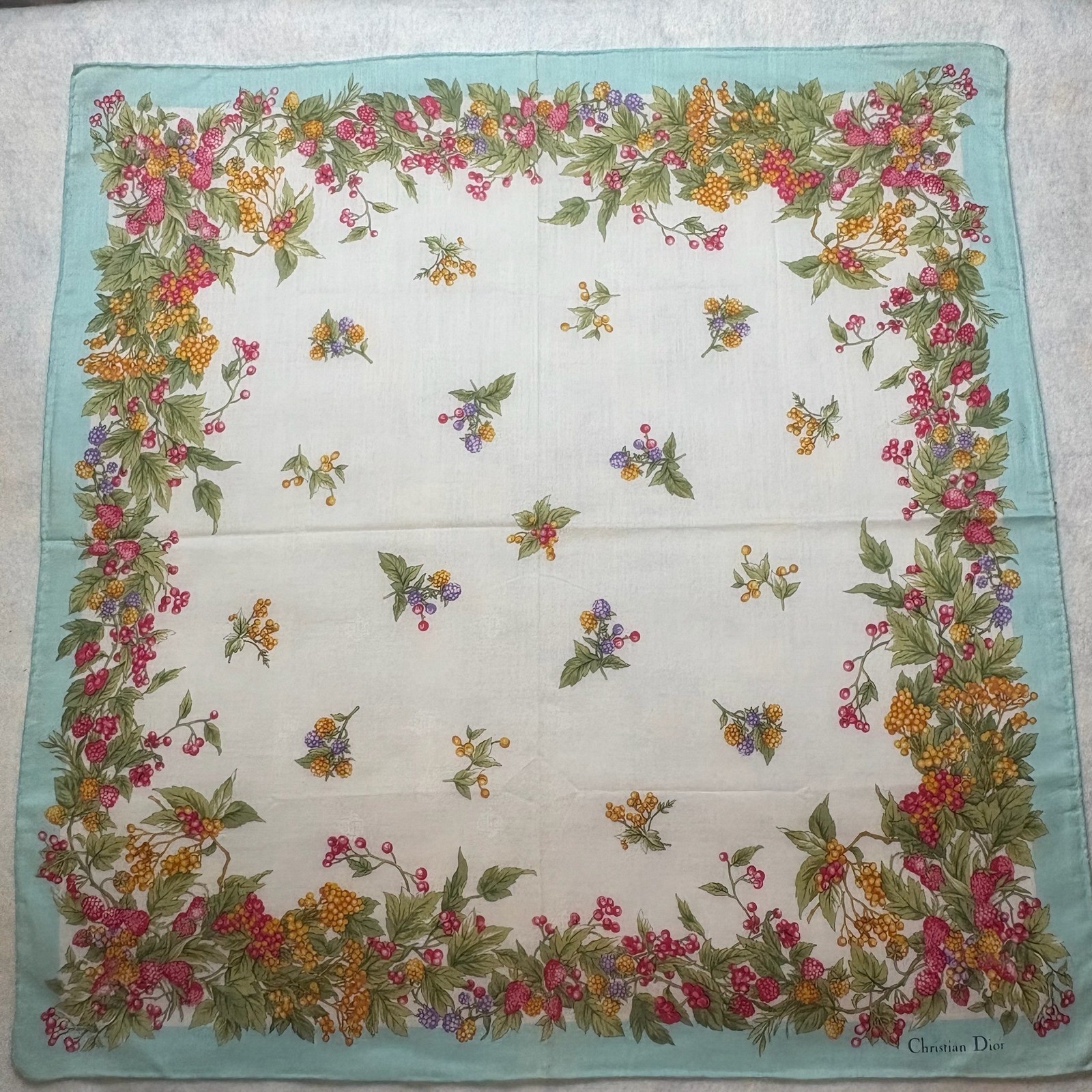 VTG CHRISTIAN DIOR Scarf Handkerchief Berry Floral Cotton Silk White Blue 19×19