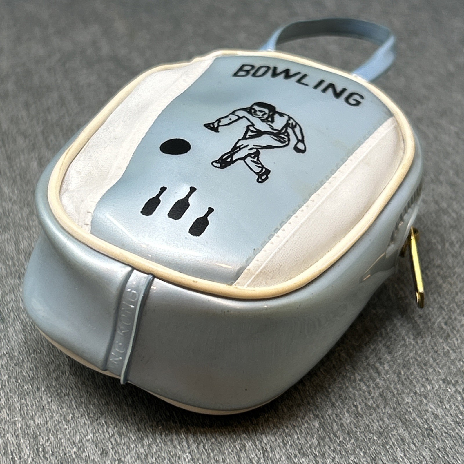Vintage Bowling Bag Coin Purse Mini Silver Vinyl Bowler Keychain Pouch HONG KONG