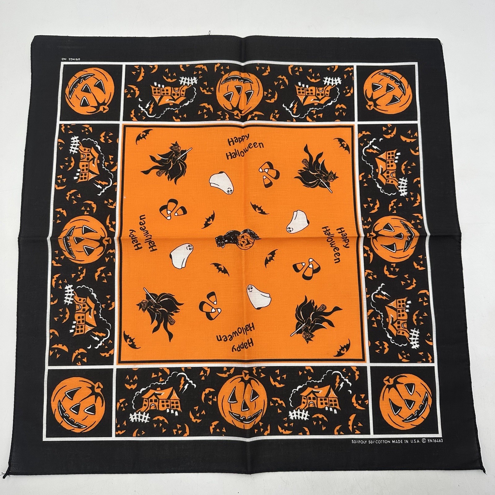 Vintage Halloween Bandana Cotton / Poly Blend Made In USA Pumpkins, Ghosts