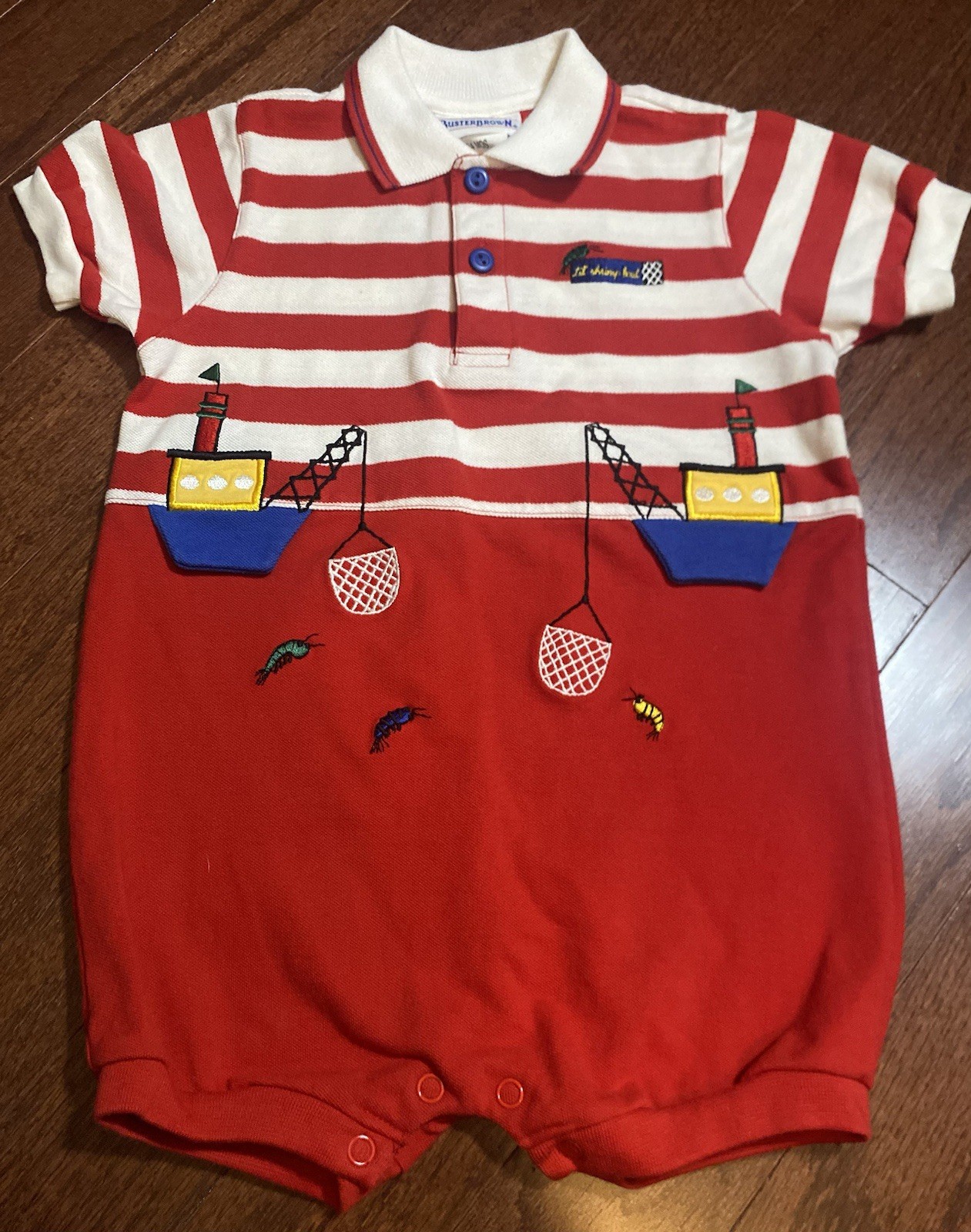 Vintage Buster Brown Boys 24 Months Red White Sail Boat Stripped Romper Outfit