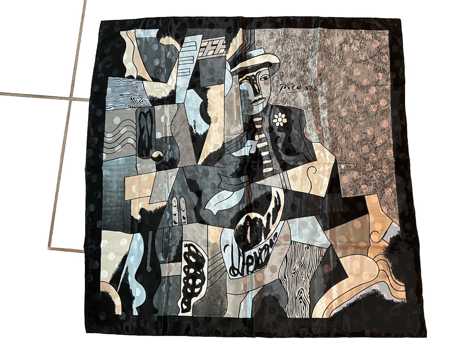 Vintage Picasso Green Bronze Silver Black Cubism Art 34in Sq Scarf