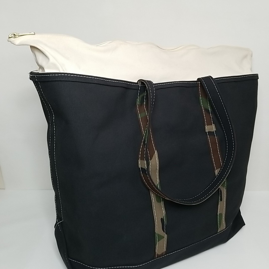 LL Bean Boat and Tote XL Black Canvas Camo Long Handles Custom Tote Bag Zip Top
