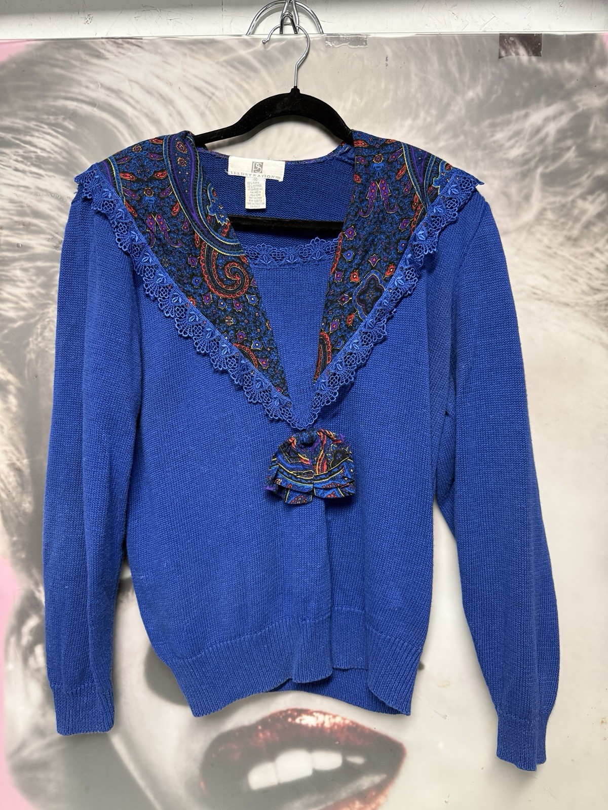 Vintage 1980S Illustrations Ps Blue Sweater Lace Paisley Size M