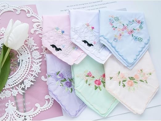 3x Assorted Ladies Novetly Embroidered Cotton Soft Handkerchiefs Scalloped