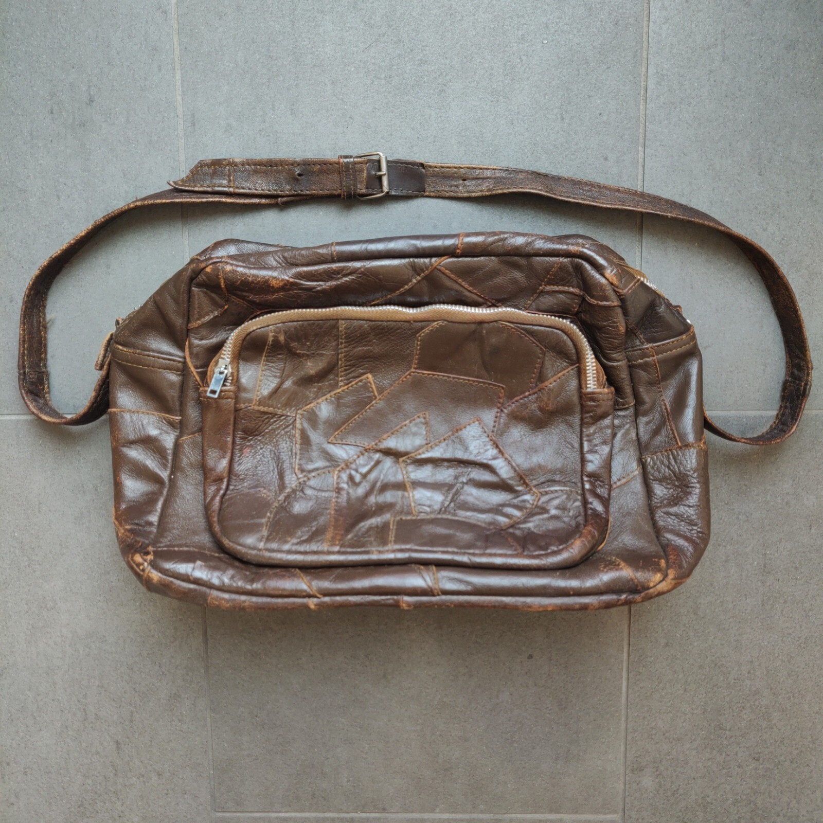True Vintage Leather Patchwork Shoulder Bag Fulton USA Zipper 30s 40s 50s