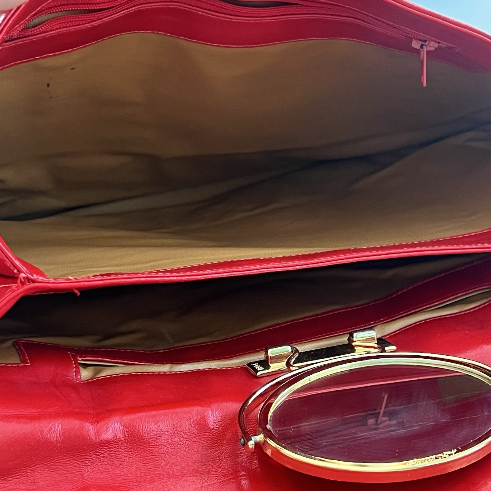 Vintage Lou Taylor Red and Beige Leather Purse Gold Hardware Double Sided Mirror
