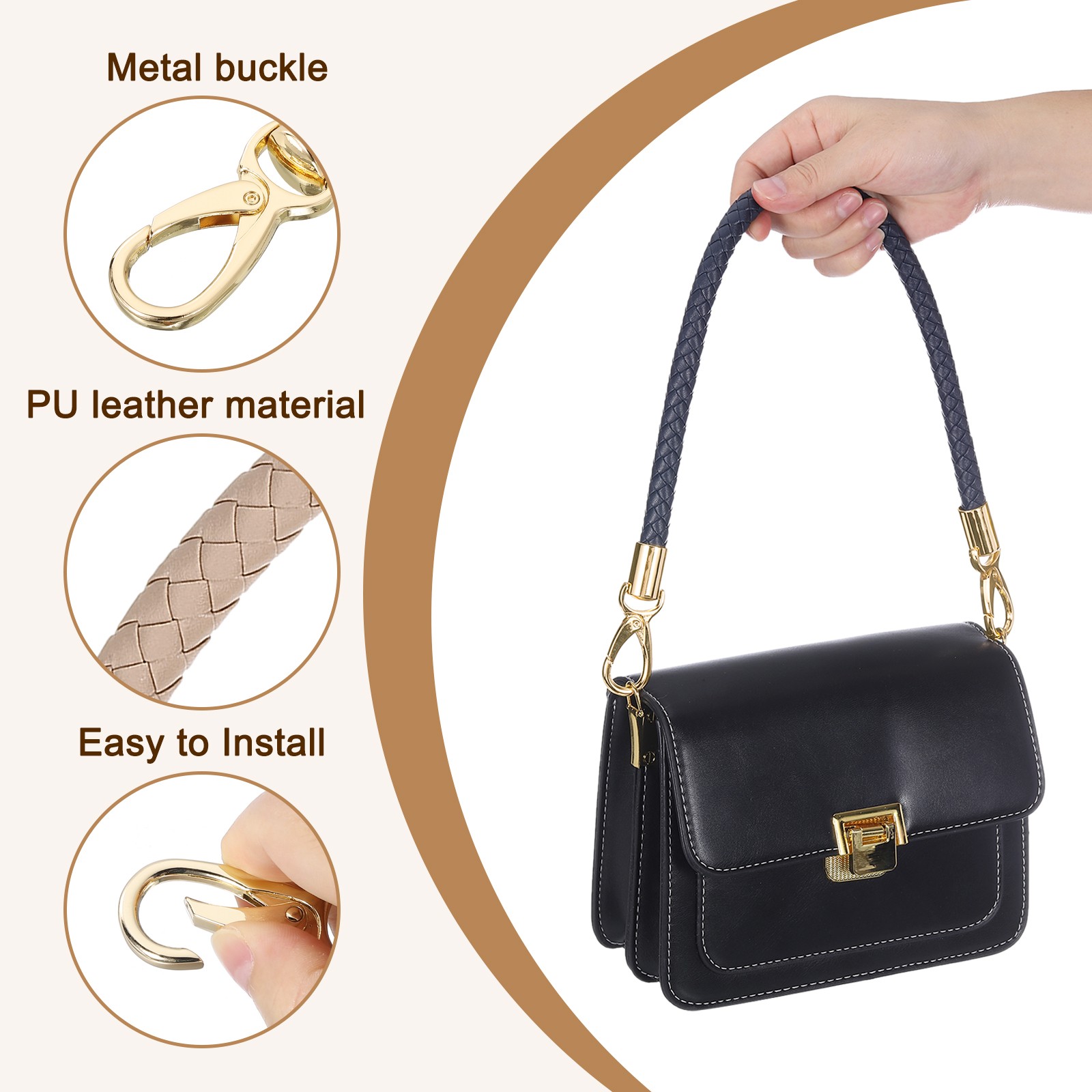 2Pcs 60cm Braided PU Short Belt for Bag (Grey Brown, Gold)
