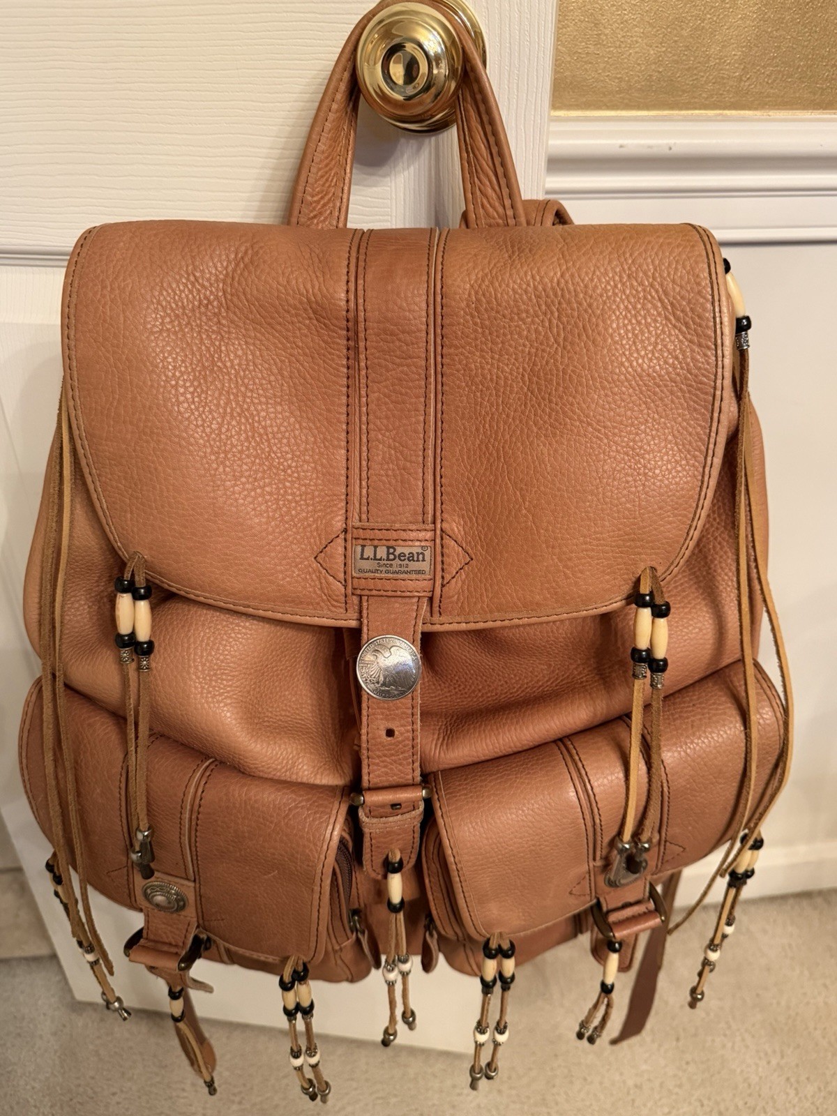 L.L Bean Large 17” Tan Pebbled Leather Rucksack Backpack Southwest Style Beads