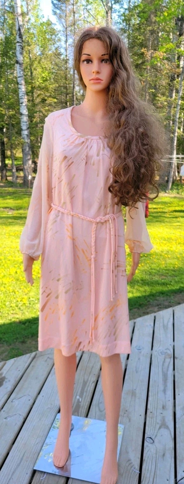 Vintage 70s Abstract Print Midi Dress Pink Peach Sheer Long Sleeve Braided Belt