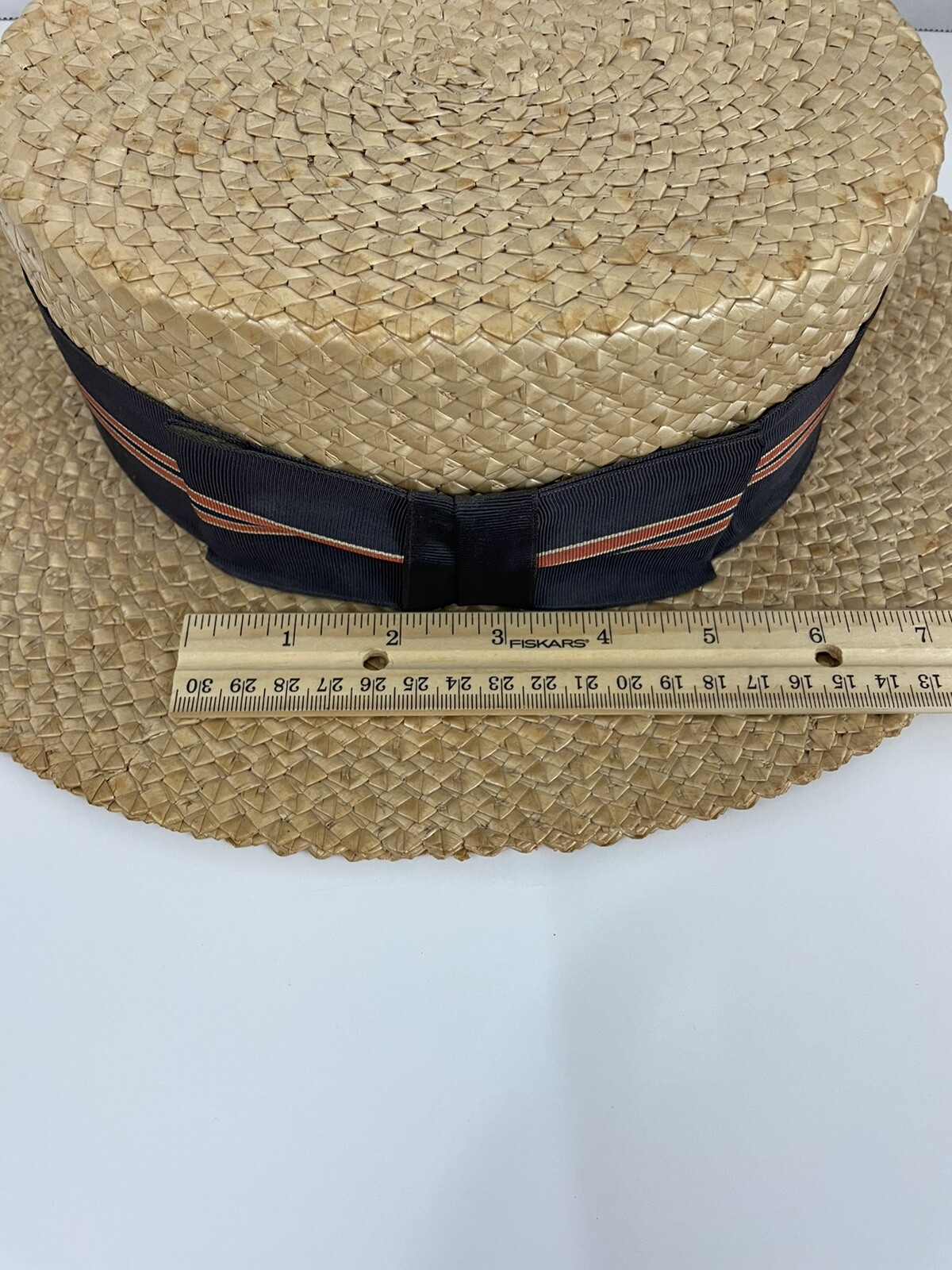 VTG Stetson Hat Mens 6 7/8* Long Oval Blue Red Ribbon Medalist Straw Boater Hat