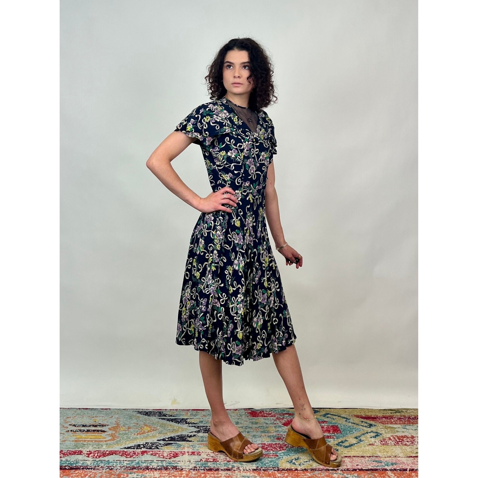 Vintage 1940s Yellow Lilac Floral Ribbon Print Knee Length Silk Rayon Navy Dress