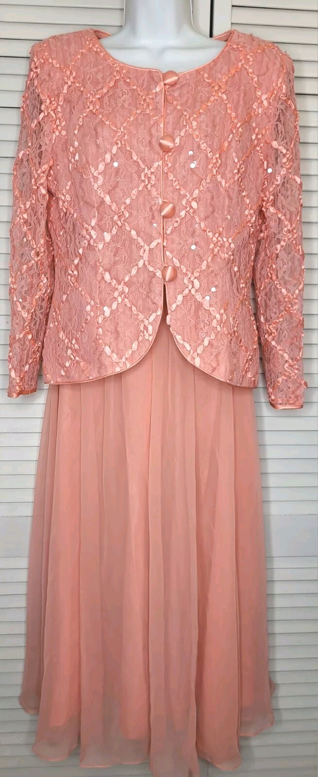 Vtg Nancy Neil Special Occasion MOTB Coral Lace Sequin Chiffon Skirt Set Sz: 12