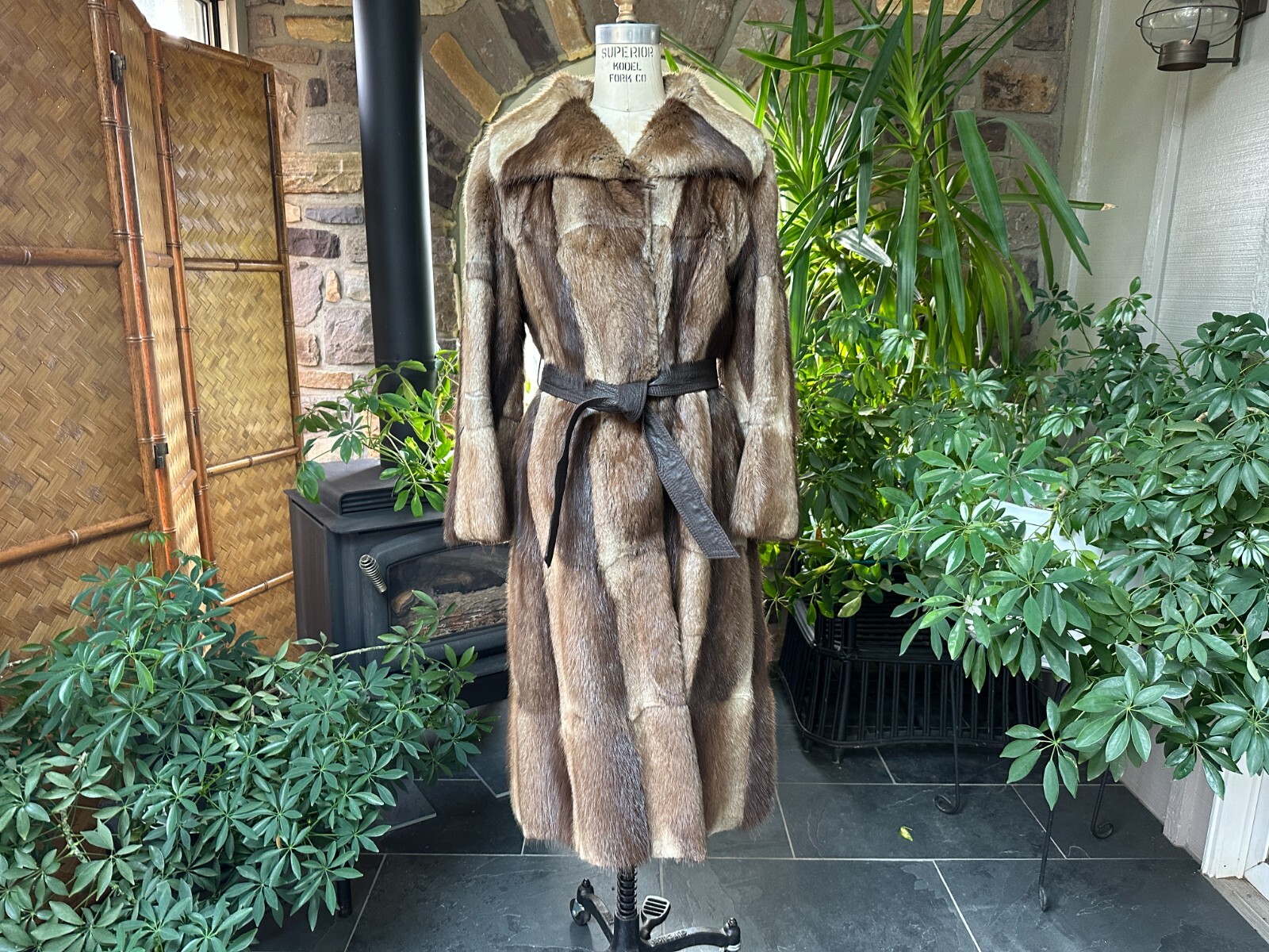 Vintage Muskrat Midi Length Leather Belted Fur Coat Mob Boss Wife Fur Coat