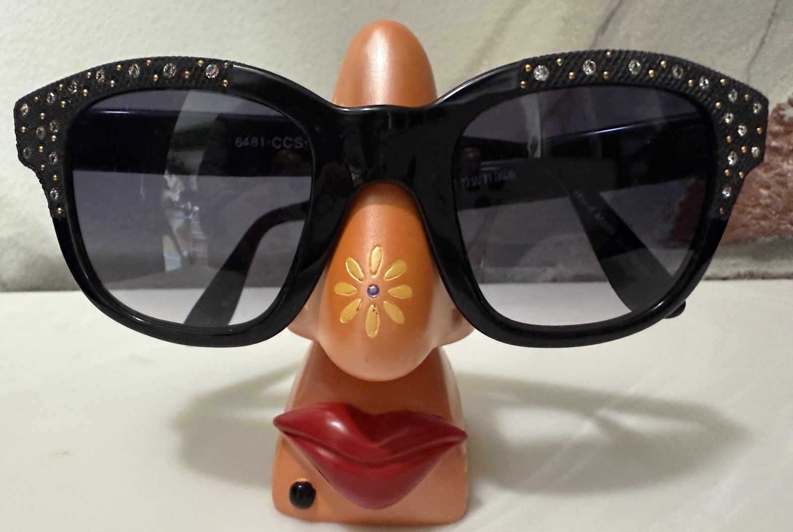 VTG EMMANUELLE KHANH Fab Black Sunglasses w/Gold Dot & Clear Crystal Accents
