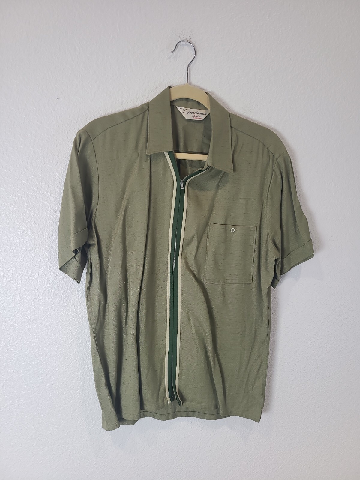 1950s Sportsman Moss Green Flecked Shirt Metal talon Zipper Medium Short Sleeve