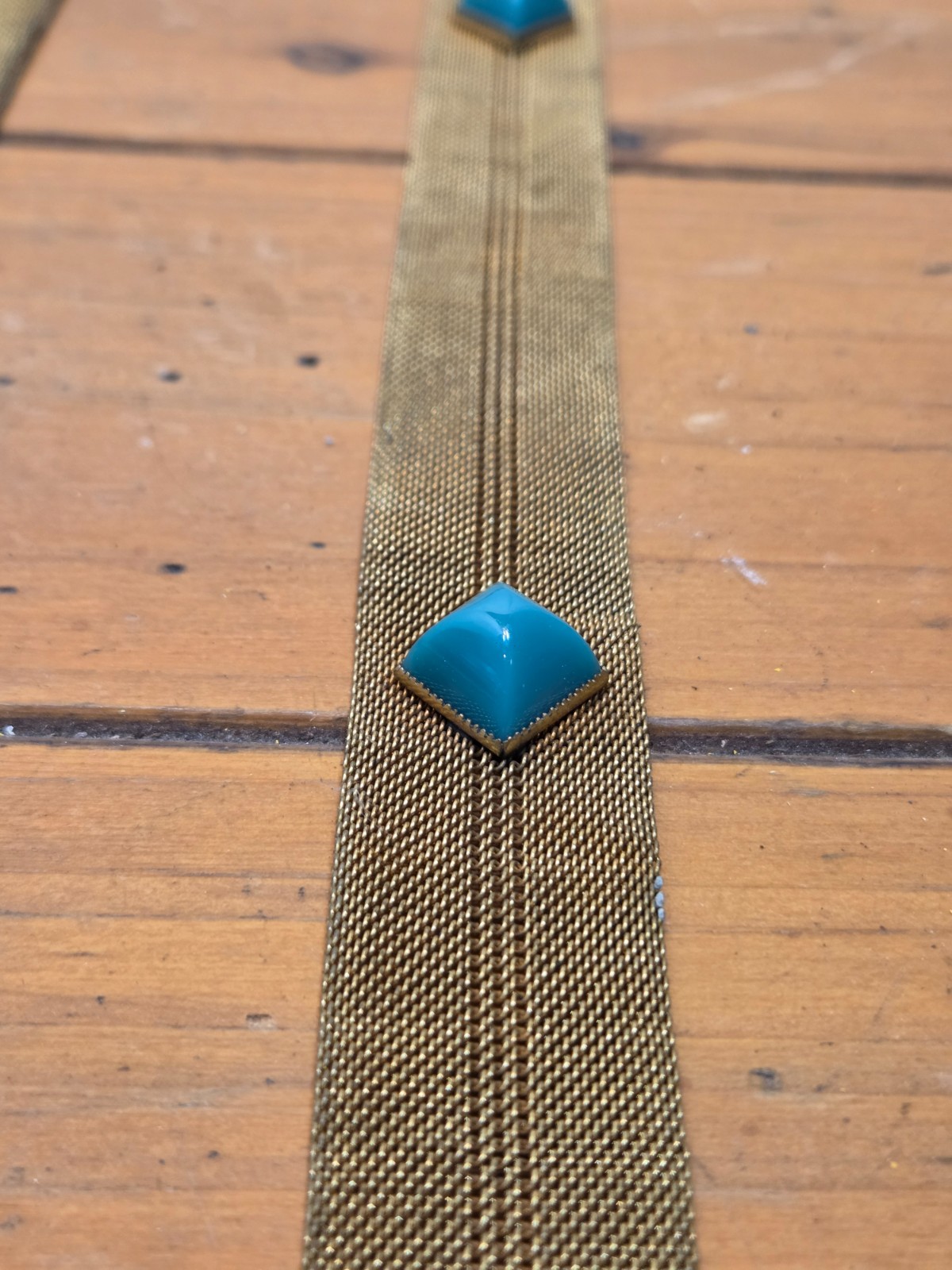 Vintage 1950s Gold Metal Mesh Belt with Turquoise Cabochon Stones MCM 36″
