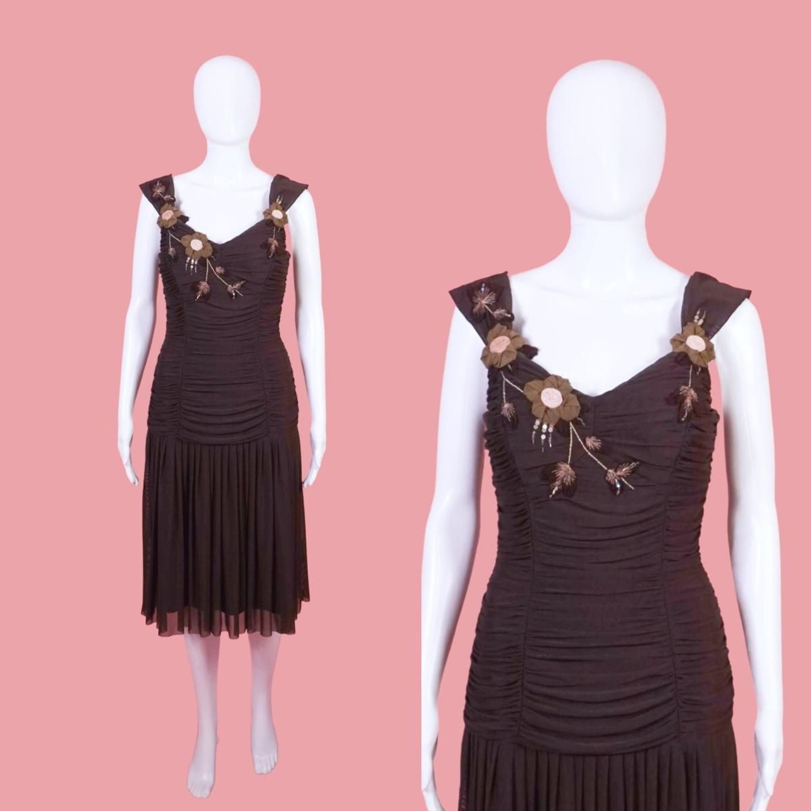 Y2K SUE WONG RUCHED Floral Appliqué, Sequined & Beaded Nylon Drop Waist Dress. S