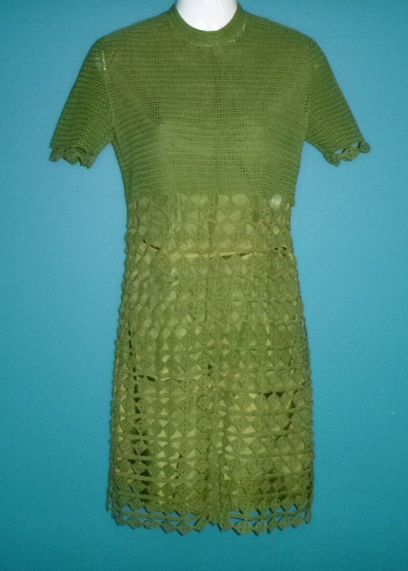 Vtg 60’s GROOVY Hand Crocheted Cotton Knit Shift Mini Dress Green W/ Slip Sz S