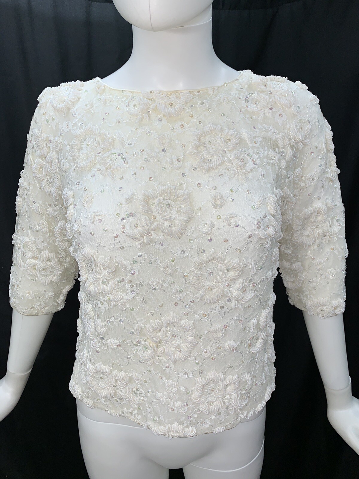 VTG 50s Pearl Beaded Top Metal Zip Back Floral Iridescent Sequins Lace Lined 38