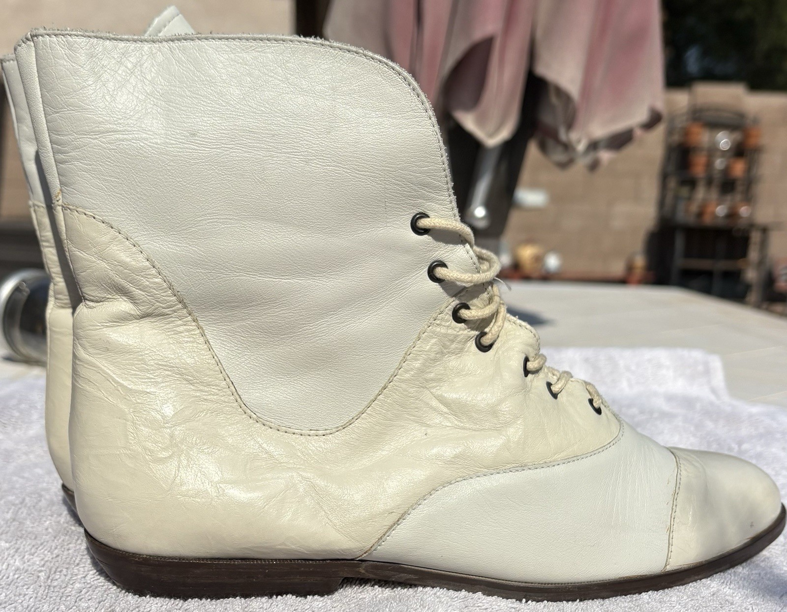 VTG Buskens Uruguay Leather Lace Up Granny Boots Cream White Pixie Size 9M