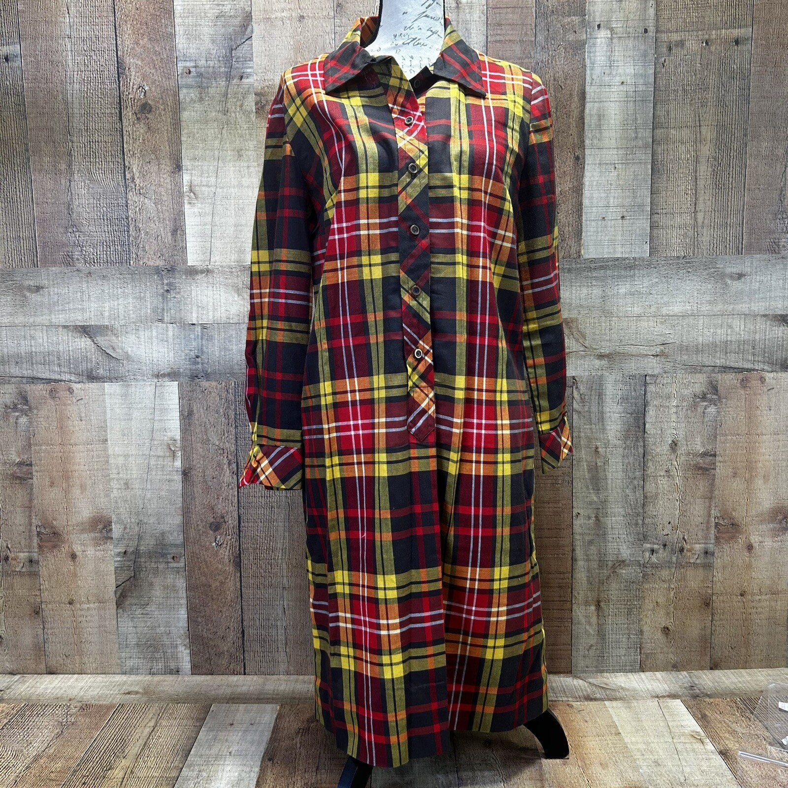 Vintage 60s Nelly Don Plaid Retro Long Sleeve Shirt Dress See Measurements (L)