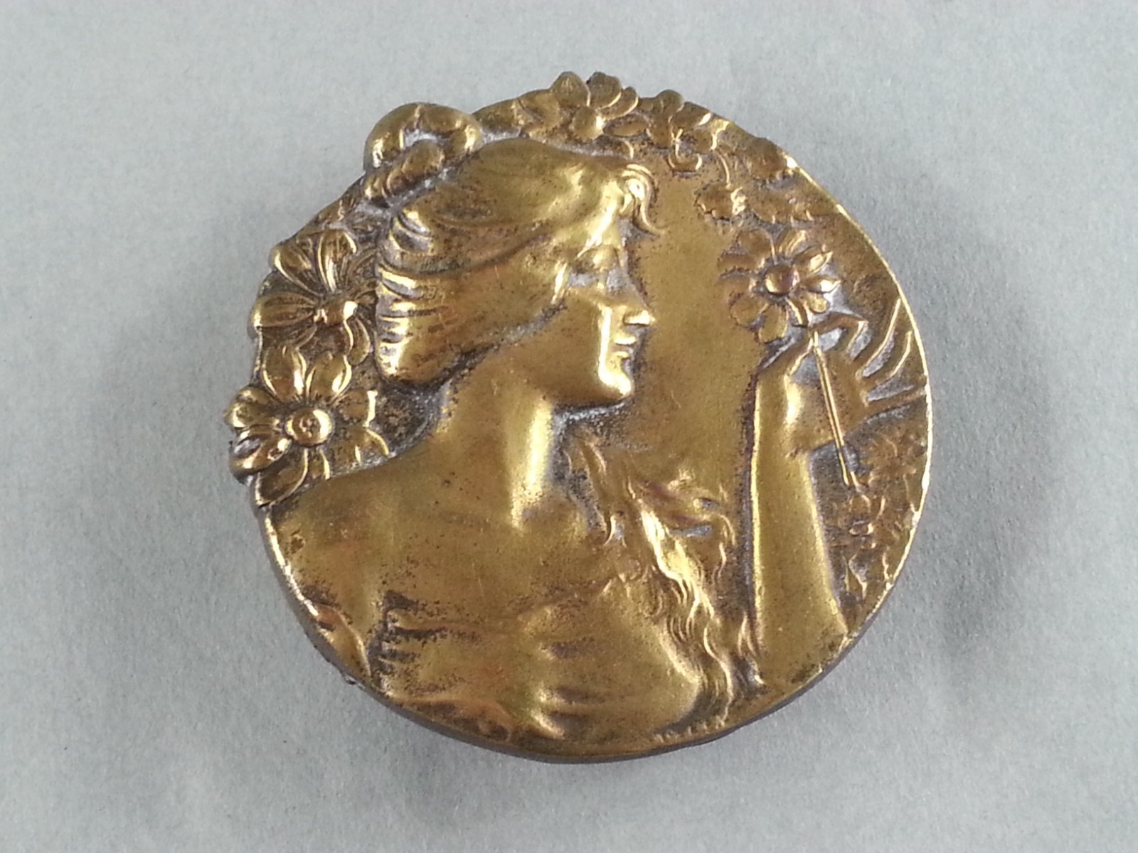 Art Nouveau Brooch Woman Holding Flower Pin Belt Buckle Bergmont Brass Works