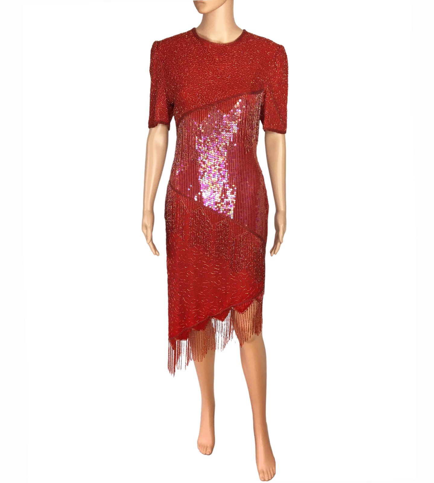 Vintage Scala Red Silk Bead & Sequin Cocktail Party Dress Beaded Fringe Hem S