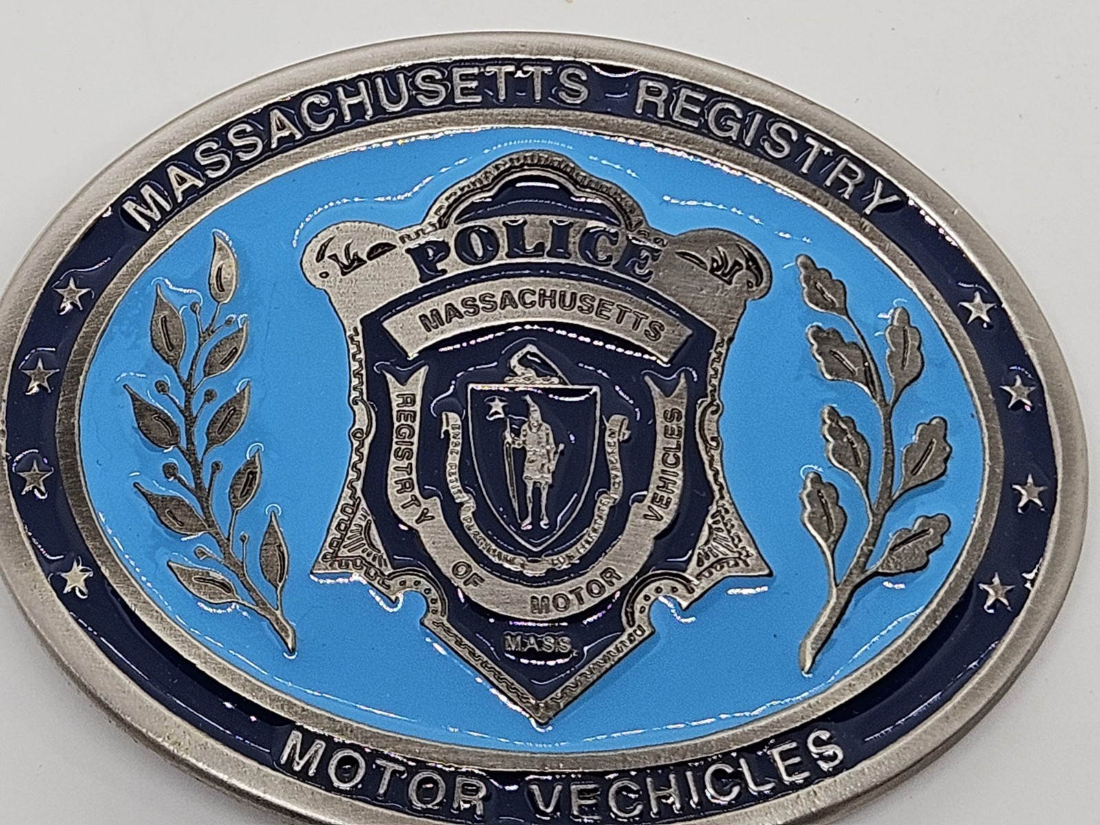 MASSACHUSETTS REGISTRY OF MOTOR VEHICLES POLICE Belt Buckle Jerry Greenwald USA