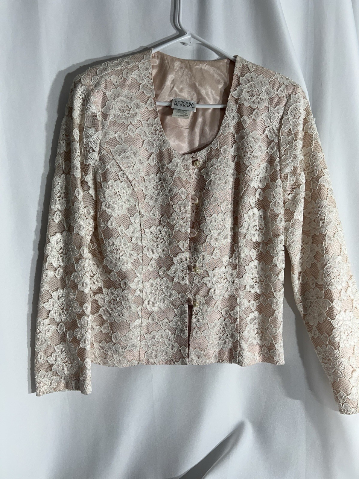 Vintage Victoria Morgan Women’s Blush Pink And white Lace Overlay Blazer Sz 12