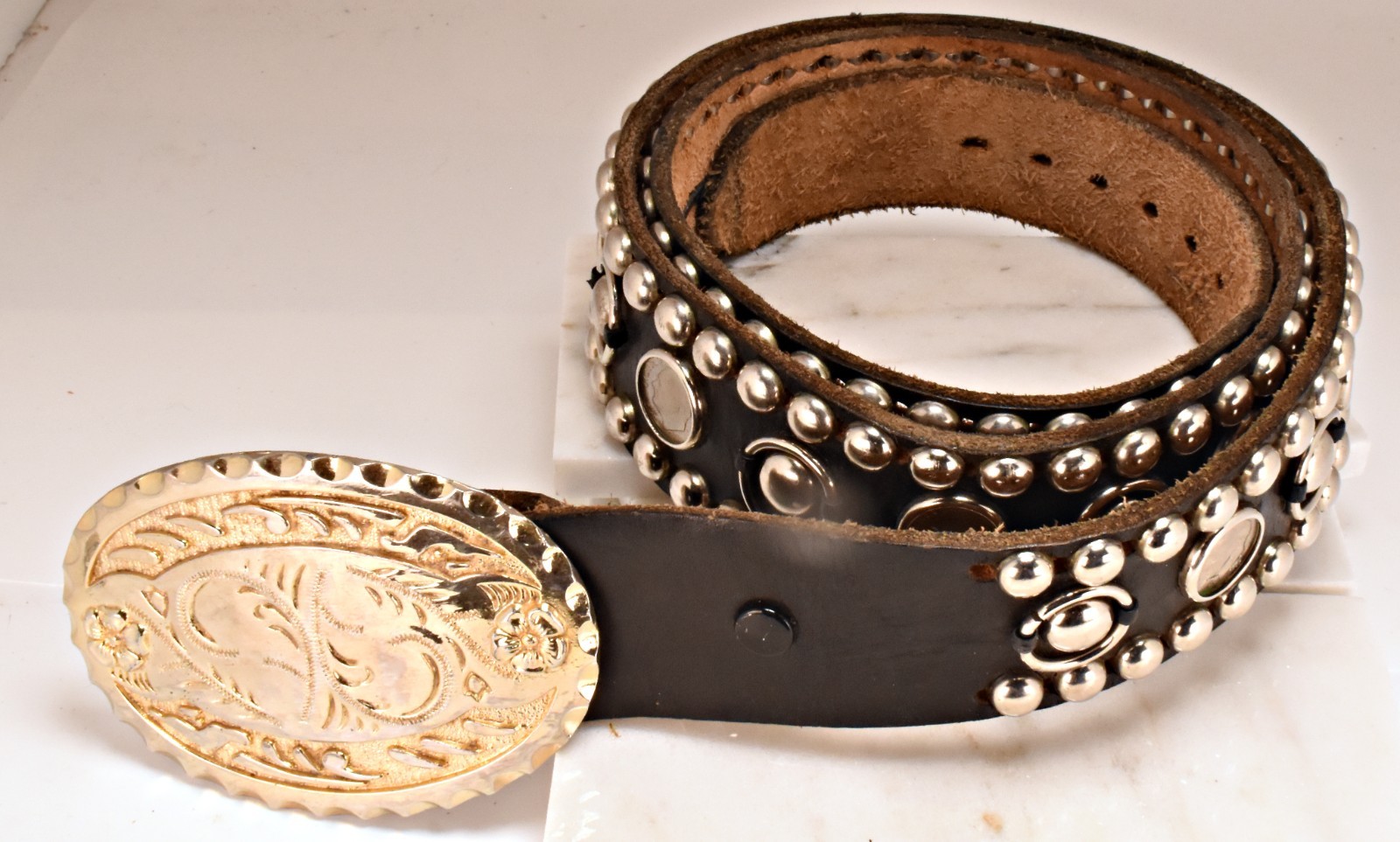 Vintage Black Studded Leather Belt Gold Floral Buckle Western Biker Rock 70s 80s