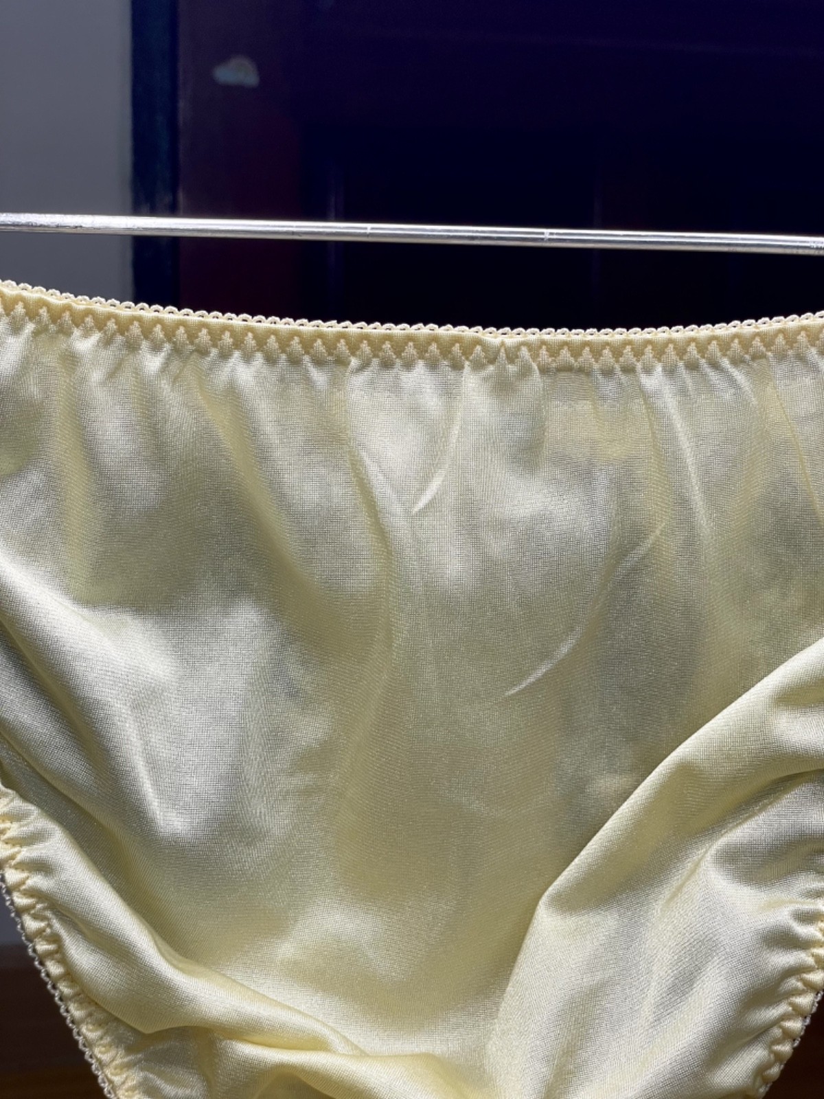 Vintage Light Yellow Nylon Panty Slippery High Leg Briefs Black Lace Bikini Sz.5