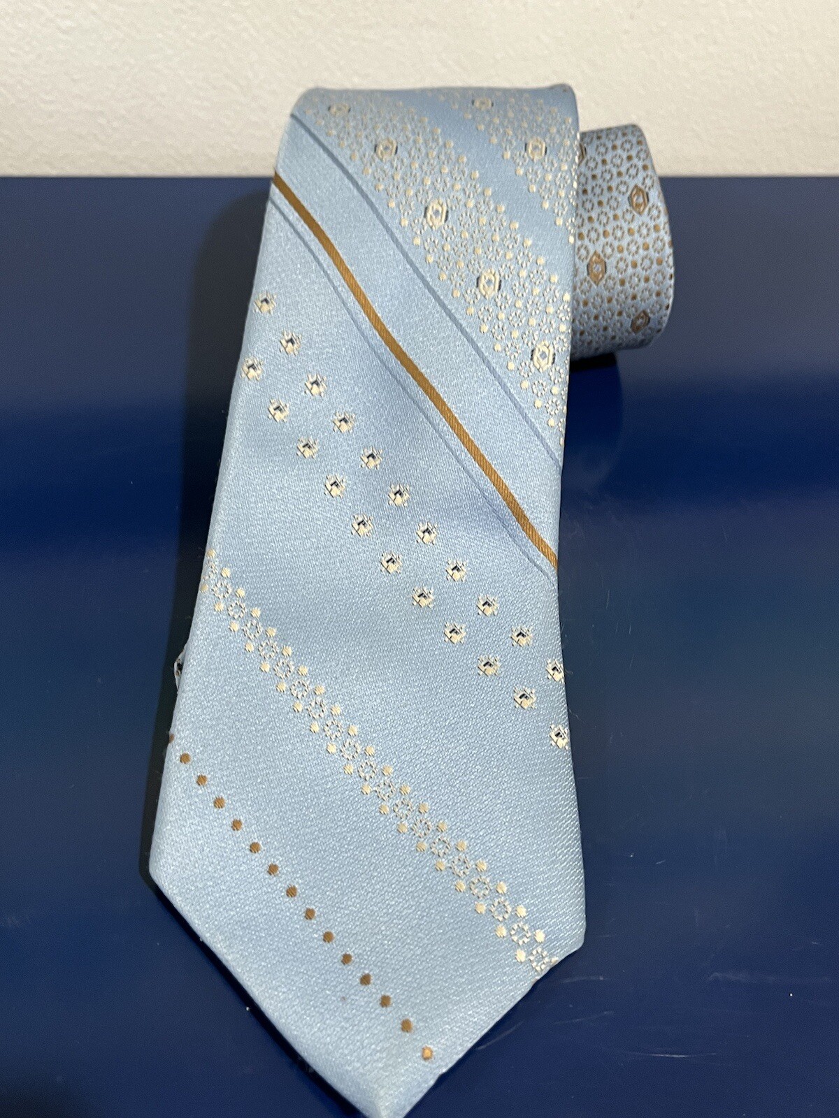 Striped Floral Tie Mens Blue Brown Gold Silver Polyester Vtg 70s 80s Italy