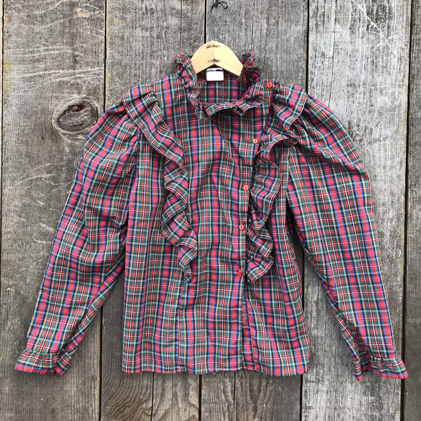 VTG 80s Western Victorian High Neck Ruffle Front Puff Sleeve Plaid Blouse S-M
