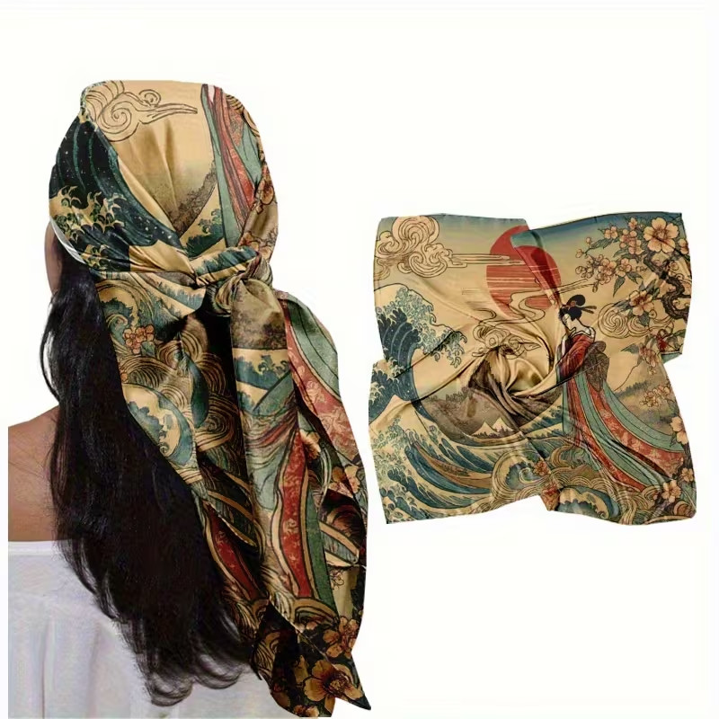 Vintage Traditional Japanese Great Wave Art Artwork Handkerchief Bandana Scarf